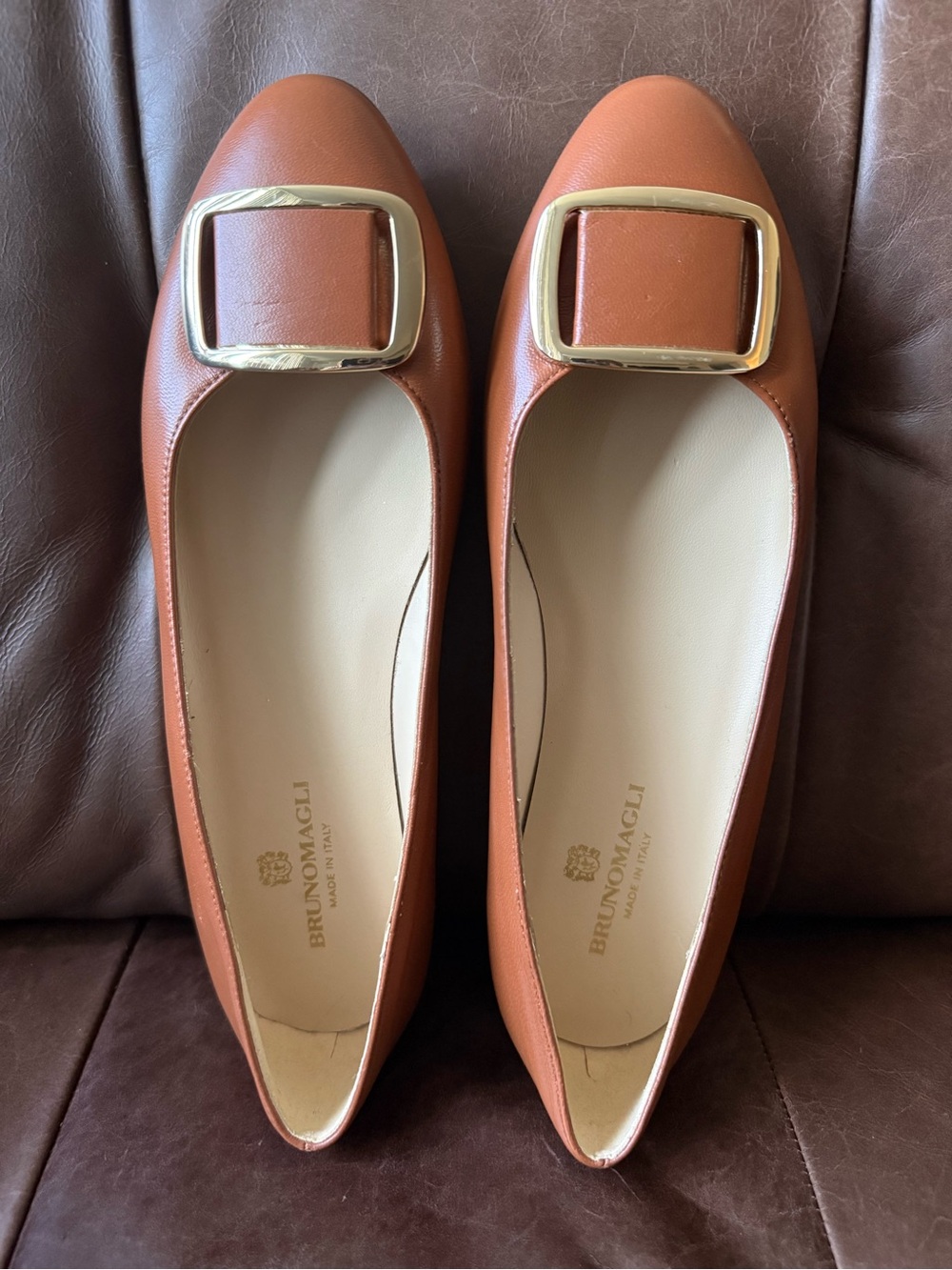 Bruno Magli Tan Leather Pointed-Toe Flats with Gold Buckles